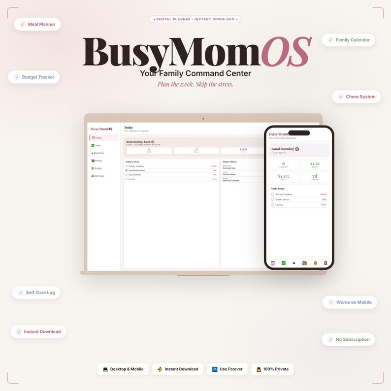 K&ouml;nnte beinhalten: Ein digitaler Planer namens "BusyMomOS" wird auf einem Laptop und Smartphone angezeigt. Die Oberfl&auml;che umfasst Optionen f&uuml;r Essensplanung, Budgetverfolgung und Familienkalender. Der Text "Your Family Command Center" ist ebenfalls sichtbar.