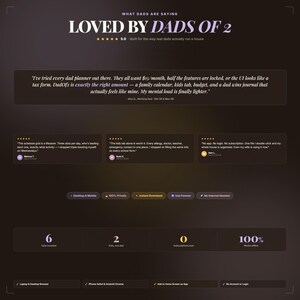 Może przedstawiać: Ciemnobrązowy interfejs cyfrowego planera z tekstem "LOVED BY DADS OF 2". Interfejs zawiera recenzje, funkcje i ikony dla komputer&oacute;w stacjonarnych, urządzeń mobilnych i natychmiastowego pobierania. Podkreśla 6 zakładek, 2 dzieci i 0 subskrypcji.