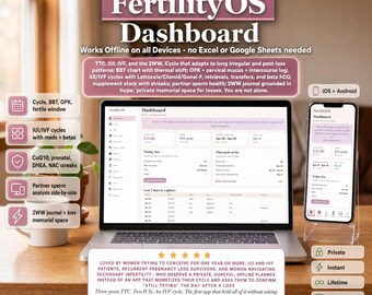 Fertility Tracker, TTC Planner, Cycle Journal, IUI Tracker, BBT Chart, Two Week Wait Log, Loss Support - Works on Desktop and Mobile