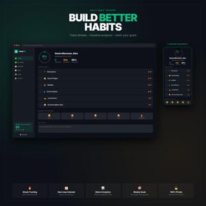 以下が含まれることがあります： 「BUILD BETTER HABITS」のテキストが表示された、毎日の習慣トラッカー用のダークテーマのデジタルインターフェース。インターフェースは、習慣追跡機能、進捗状況の視覚化、目標設定を表示します。モバイル版も表示されます。