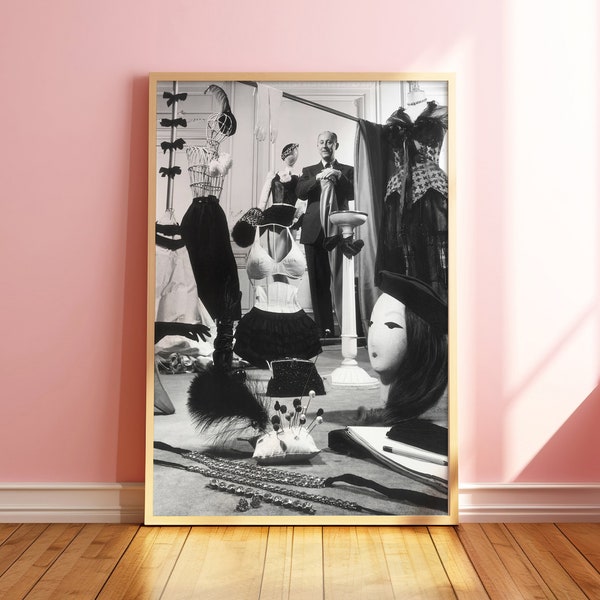 Christian Dior Atelier Print, New Look, Famous Fashion Couturier Photo, Iconic Historic Black White Poster, Trendy Wall Art