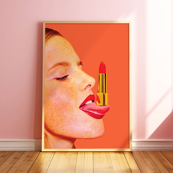 Lipstick Vogue Cover Print, Fashion Magazine Retro Poster, Red Orange Wall Art, Funky Colourful Bold Woman Art