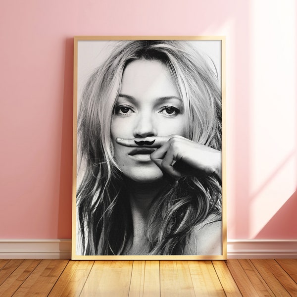 Kate Moss Moustache Print, Famous Fashion Photograph, Retro Vogue Cover, Iconic Poster, Black and White Photography, Trendy Wall Art