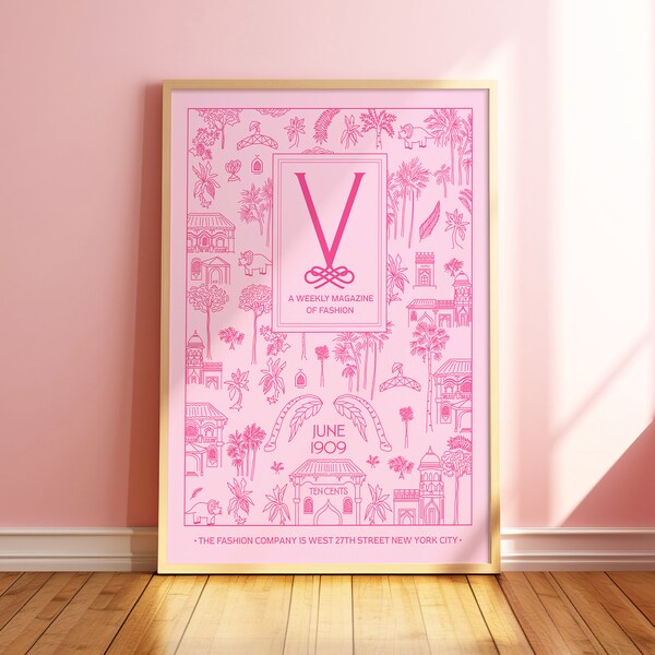 Vintage Pink Vogue Cover Print, Fashion Magazine, Retro Pink Girly Illustration, Art Nouveau Poster, Luxury Wall Art, Chic Art, Large Print