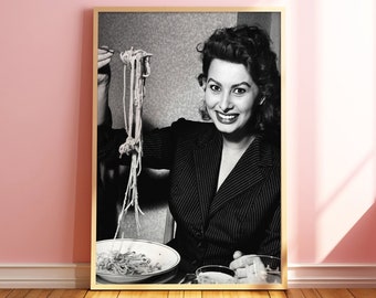Sophia Loren Eating Pasta Print, Actress in Restaurant Photograph, Black and White Spaghetti Kitchen Art, Retro Pasta Poster