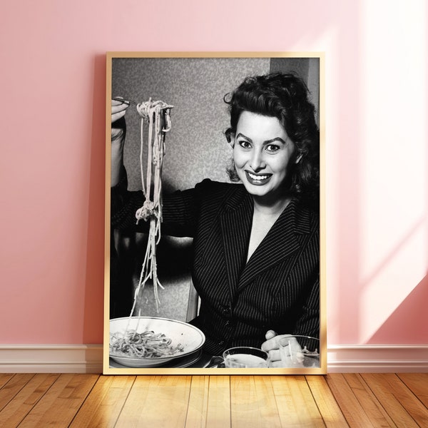 Sophia Loren Eating Pasta Print, Actress in Restaurant Photograph, Black and White Spaghetti Kitchen Art, Retro Pasta Poster