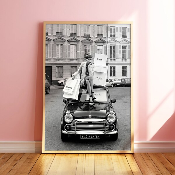 Woman Chanel Bags Print, French Fashion Black White Wall Art, Luxury Retro Car Print, Paris Photography Poster, Museum Quality Print