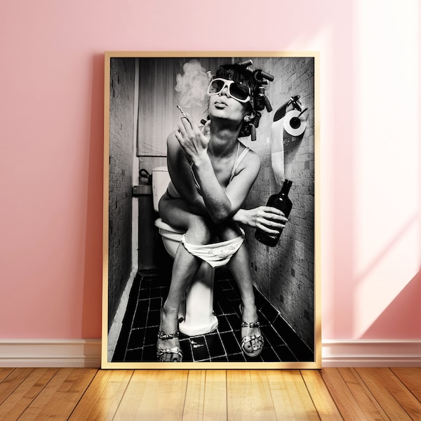 Girl on Toilet Print, Woman In Bathroom, Funny Bathroom WC Print, Art, Retro Photography,  Party Girl Print