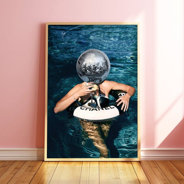 Disco Ball Head Print, Mirror Ball In a Pool, Girl in Pool with Cocktail, Martini Poster, Luxury Party Print, Trendy Summer Print