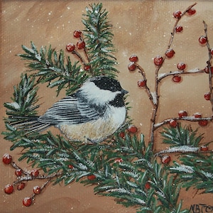 May include: A black-capped chickadee perched on a snowy evergreen branch with red berries. The background is a light brown with a subtle snow effect. The image is titled "Winter Berries" and includes the website moonhawkart.com.