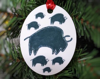 Cave Art Bison II ornament, Cave art ornament, Buffalo art, Bison ornament, double side image, oval shape metal, Native American made