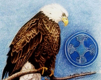 Ceramic Tile, Endurance, Bald Eagle on a branch art with southeast eagle motif, image sublimated with easel back and hang tab.