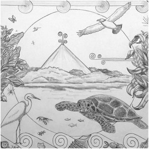 Ceramic Tile, Our Origins, island, seaturtle, egret, tropical scene, image sublimated with easel back and tab for hanging.