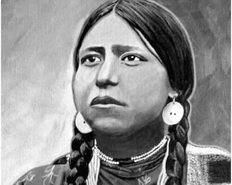 Resolute Hope, Portrait of Native American, Cayuse woman, image sublimated on a decorative, ceramic tile w easel back and tab for hanging.