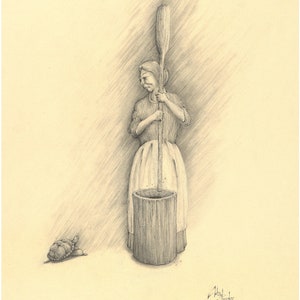 May include: A black and white pencil drawing of a woman using a long wooden pestle to grind something in a mortar. A small turtle is in the foreground.