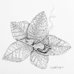 Ceramic Tile, The Vessel, Cherokee Tobacco and pipe, pen and ink image sublimated with easel back and tab for hanging.