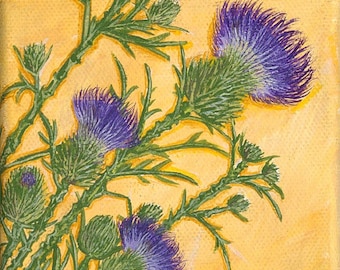 Thistle Art, Purple Thistle, wildflower, Limited Edition Giclee' Print, on 6"x6" canvas. Unframed