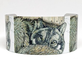 Winter Wolf cuff, PeekaBoo Wolf, Wolf in snow, Cuff Bracelet, Sublimated, Adjustable, Lightweight Aluminum, Native Made