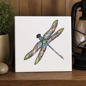 Ceramic Art Tile, Southeast Dragonfly, Tribal Mound Symbols, Native American, Sublimated, Easel Back, Hang Tab, Made in America