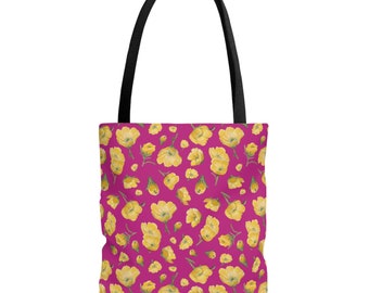 Tote Bag, Buttercups, Hot Pink Background, Oklahoma Wildflower, Yellow Floral