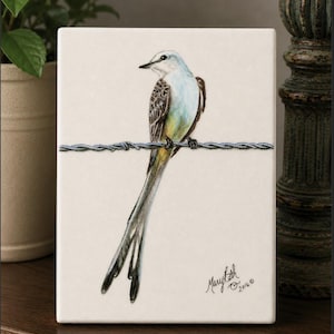 Keramisk konstplatta, tillbakablick, Oklahoma State Bird, Scissorstail Flycatcher, bild sublimerad på en dekorativ keramisk platta.