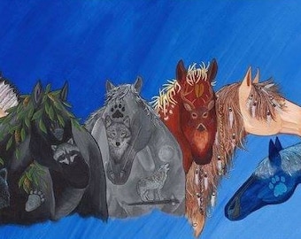 GaLiQuoGi,  Seven clans of the Cherokee, Cherokee art, horses with hidden images, Native art print, open edition giclee' print