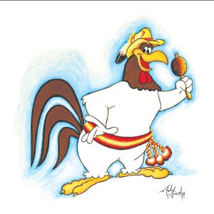May include: A cartoon rooster illustration. The rooster is wearing a yellow hat and holding a maraca. It has a white body, brown tail feathers, and a red comb. A colourful sash is around its waist, and it has a cheerful expression.