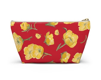 Accessory Pouch w T-bottom, Buttercups, Red Background, Oklahoma Wildflower, Yellow Floral