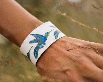 Cuff Bracelet, Little Gem, Hummingbird Art, Blue, Green, Sublimated, Adjustable, Lightweight Aluminum, Native Made, Hummingbird Jewelry