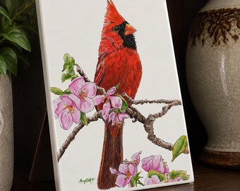 Ceramic Art Tile, Cardinal Dogwood, Sublimated Wild Bird Wall Decor