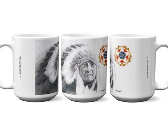 Kubek do kawy, Ostatni wódz wojenny - Joe Medicine Crow - Apsaalooke, wizerunek naniesiony sublimacją na ceramiczny kubek do kawy.