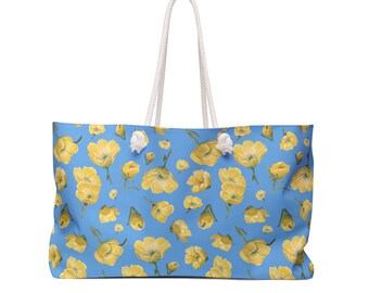 Weekender Bag, Buttercups, Light Blue Background, Oklahoma Wildflower, Yellow Floral