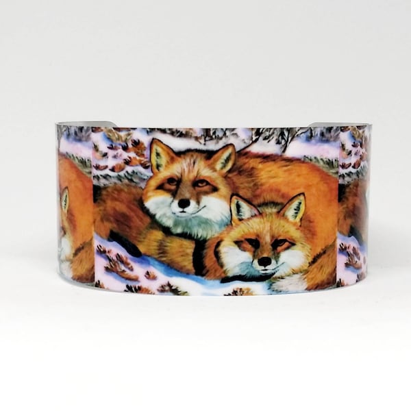 Cuff Bracelet, Brothers - Red Foxes in Snow, Sublimated, Adjustable, Lightweight Aluminum