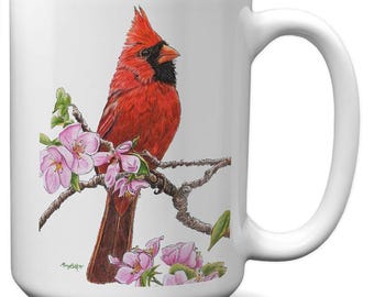 Kaffeetasse, roter Kardinal, rosa Hartriegel, Reflexionen, sublimiert, Keramik, Made in America