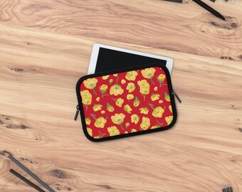 Laptop Sleeve, Buttercups, Red Background, Oklahoma Wildflower, Yellow Floral