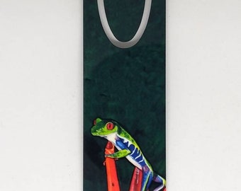 Metal Bookmark, Red Eyed Leaf Frog, Tropical Frog on Bird of Paradise flower, sublimated onto a lightweight aluminum bookmark
