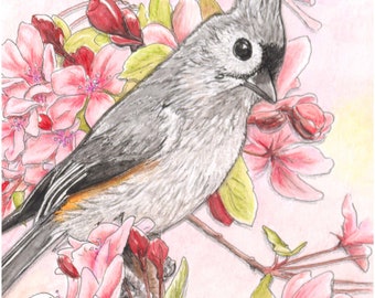 Ceramic Tile, Perky, Tufted Titmouse, on pink azaleas, backyard bird, image sublimated with easel back and tab for hanging.