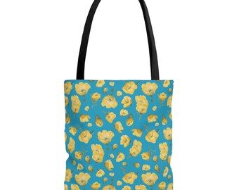 Tote Bag, Buttercups, Turquoise Colored Background, Oklahoma Wildflower, Yellow Floral