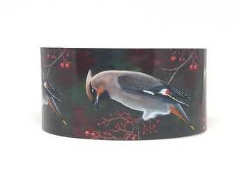 Cuff Bracelet, See Their Wax Wings, Cedar Waxwing on berry branch, Sublimated, Adjustable, Lightweight Aluminum, Native Made