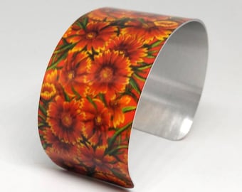 Cuff Bracelet, Indian Blanket wildflower, Oklahoma State wildflower, red and orange floral, sublimated, lightweight aluminum cuff