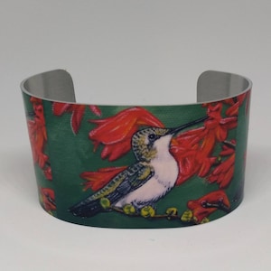 Cuff Bracelet, Debutante, Hummingbird Adjustable, green and white hummingbird with red flowers on green background