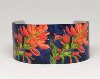 Cuff Bracelet, Indian Paintbrush, Native Oklahoma wildflower, red, blue background, sublimated, lightweight aluminum cuff