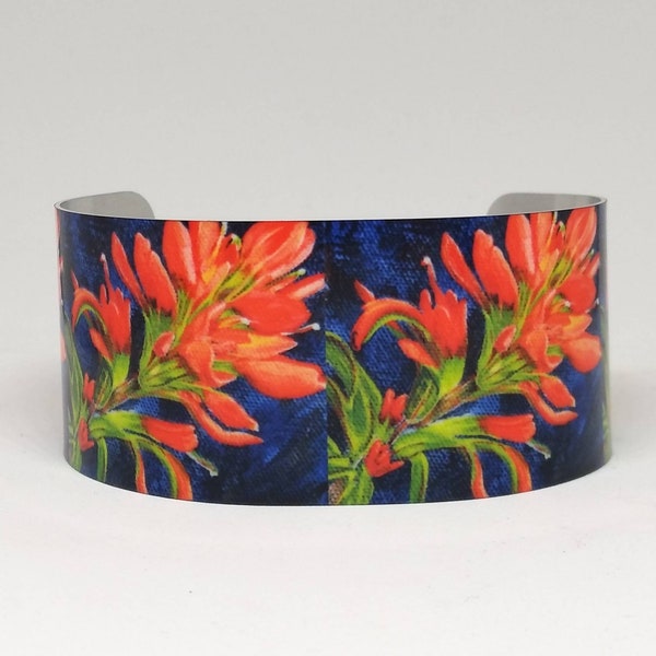 Cuff Bracelet, Indian Paintbrush, Native Oklahoma wildflower, red, blue background, sublimated, lightweight aluminum cuff