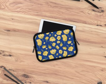 Laptop Sleeve, Buttercups, Dark Blue Background, Oklahoma Wildflower, Yellow Floral