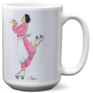May include: White ceramic mug featuring a retro diner illustration. The artwork depicts a server on roller skates carrying a stack of pancakes. The server wears a pink uniform and white apron. A fun, nostalgic design for coffee or tea.