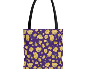 Tote Bag, Buttercups, Purple Background, Oklahoma Wildflower, Yellow Floral