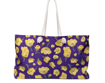 Weekender Bag, Buttercups, Purple Background, Oklahoma Wildflower, Yellow Floral