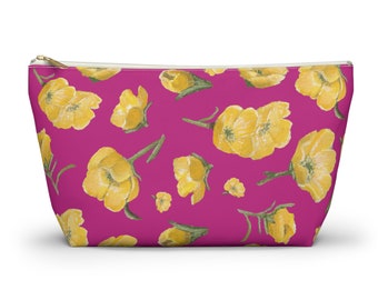 Accessory Pouch w T-bottom, Buttercups, Hot Pink Background, Oklahoma Wildflower, Yellow Floral