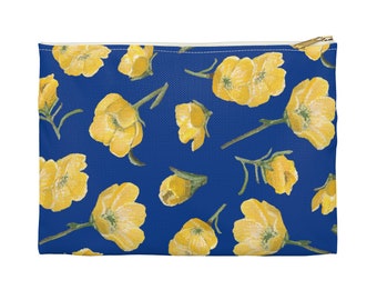 Accessory Pouch, Buttercups, Dark Blue Background, Oklahoma Wildflower, Yellow Floral