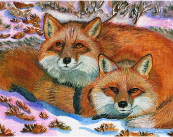 Red Fox Brothers Ceramic Tile, Winter Scene Art by MaryBeth Timothy